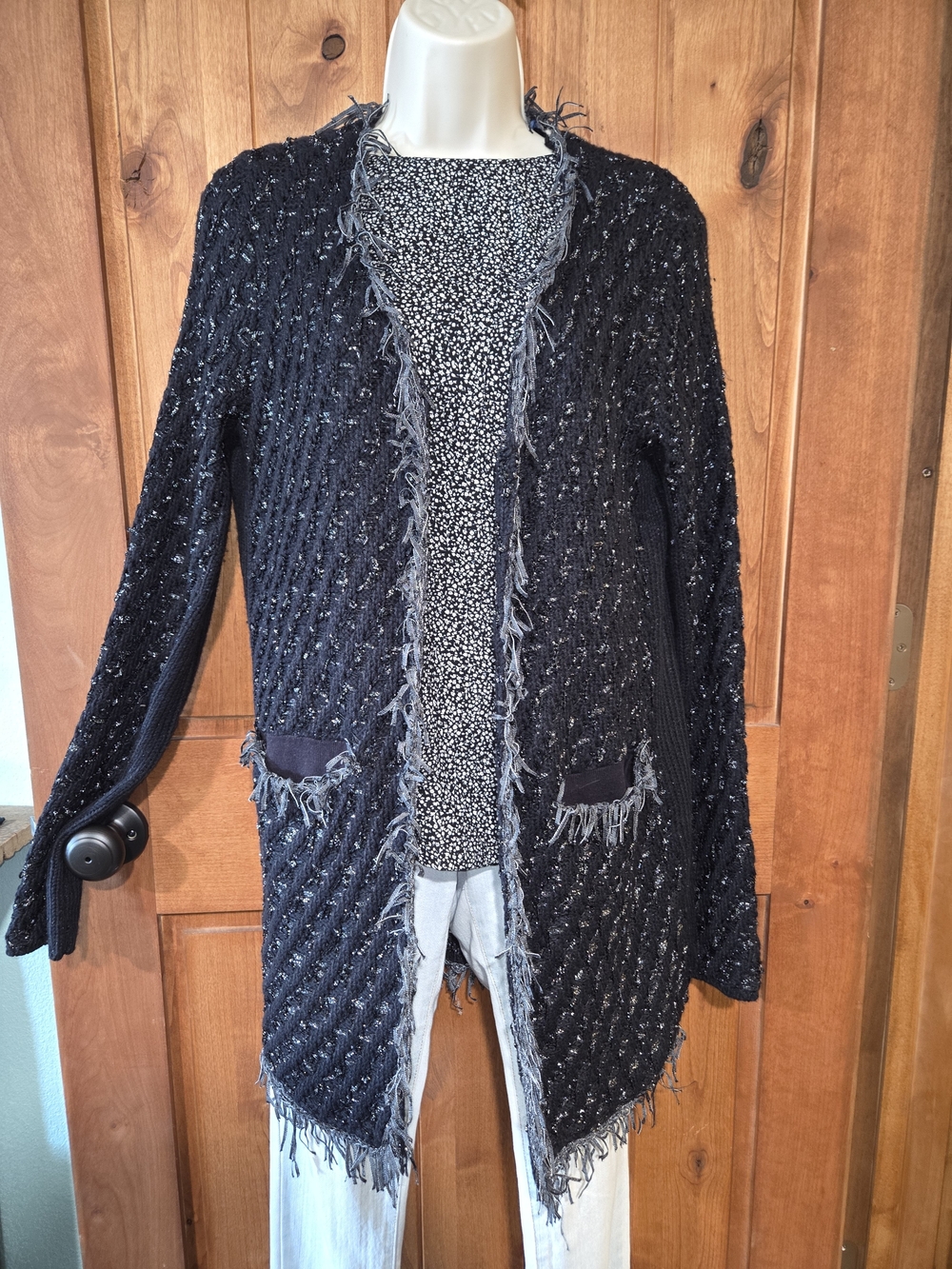 Simply Vera Vera Wang Black Open-Front Fringed Knit Cardigan